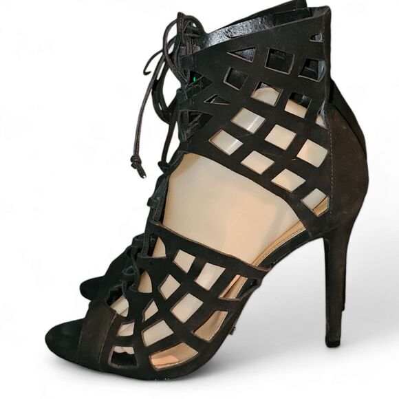 Schutz Laser Cut Cage Gladiator Black Suede Open Toe Stiletto Heel Sz 11 - Picture 2 of 15